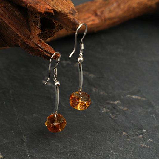 Side full view of Natural Faceted Citrine and Curved Bar Drop Earrings,handcrafted crystal pearl jewelry,925 sterling silver,minimalist luxury gift for women