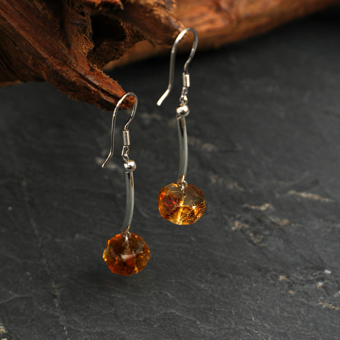 Natural Faceted Citrine and Curved Bar Drop Earrings
