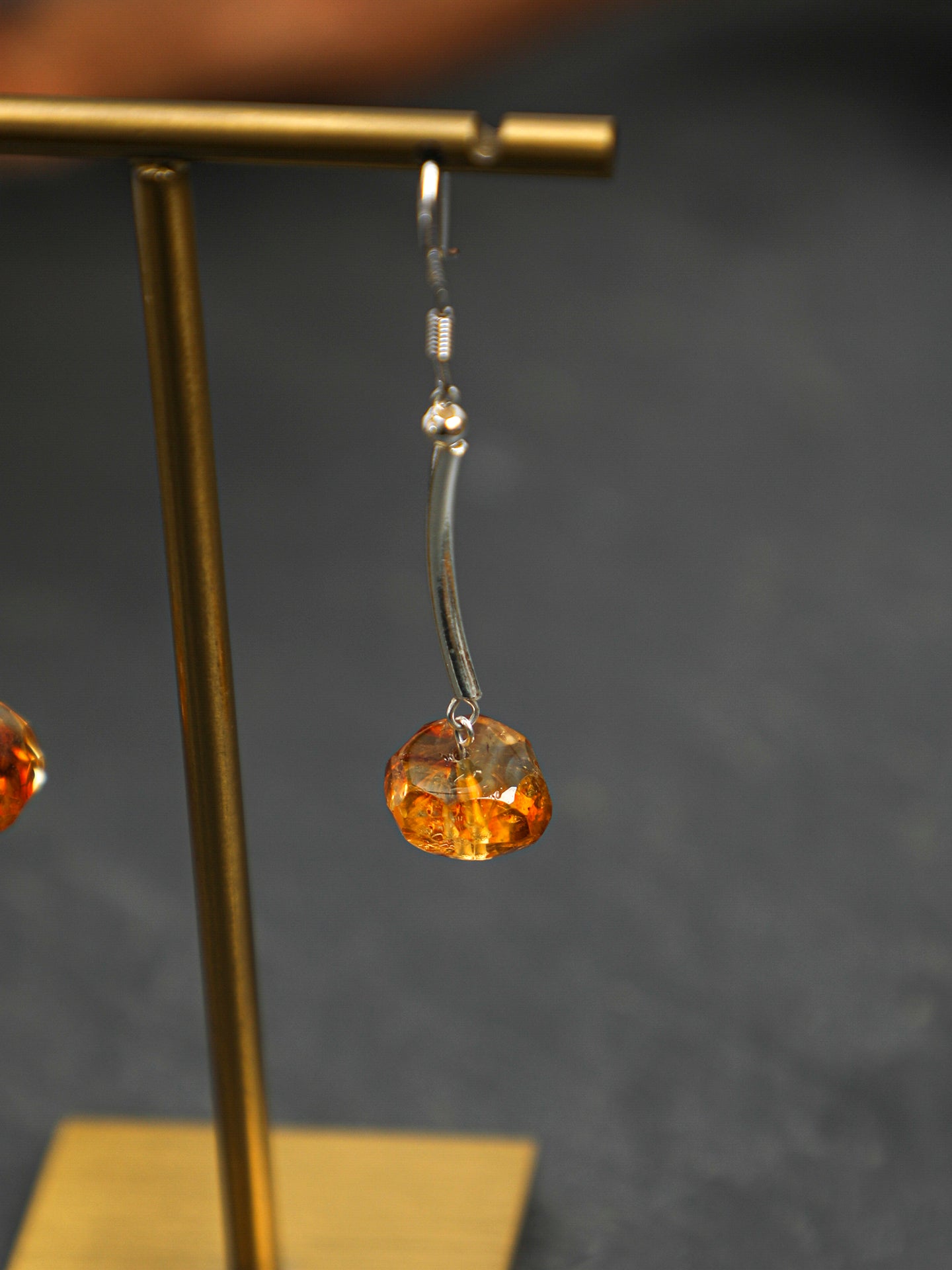 Natural Faceted Citrine and Curved Bar Drop Earrings