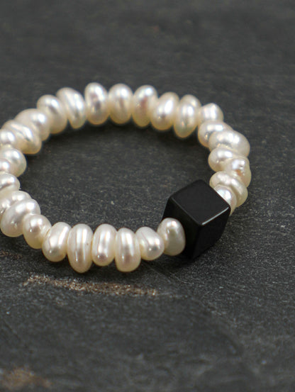 Natural Black Onyx and Keshi Pearl Ring
