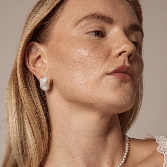 Model wearing  Statement Fishtail Large Baroque Pearl Stud Earrings,handcrafted crystal pearl jewelry,925 sterling silver,minimalist luxury gift for women