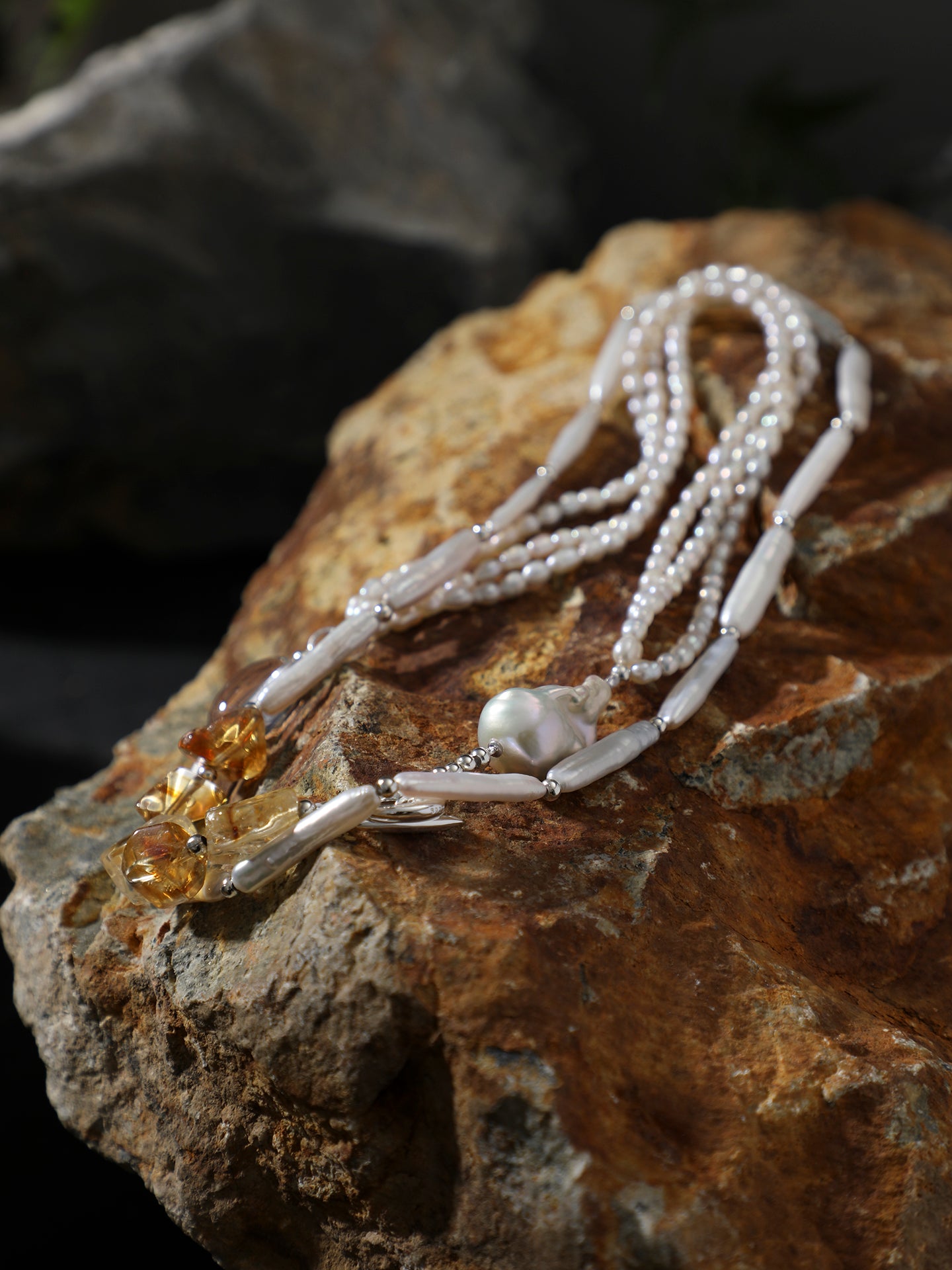 Natural Brazilian Citrine and Sculptural Baroque Pearl Necklace