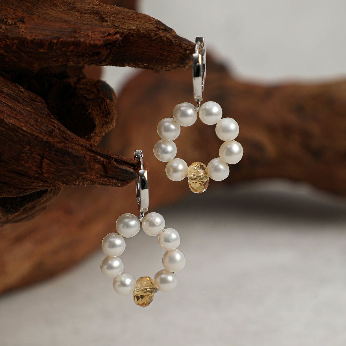 Side full view of  Natural Seed Pearl Hoop Earrings with Citrine,handcrafted crystal pearl jewelry,925 sterling silver,minimalist luxury gift for women