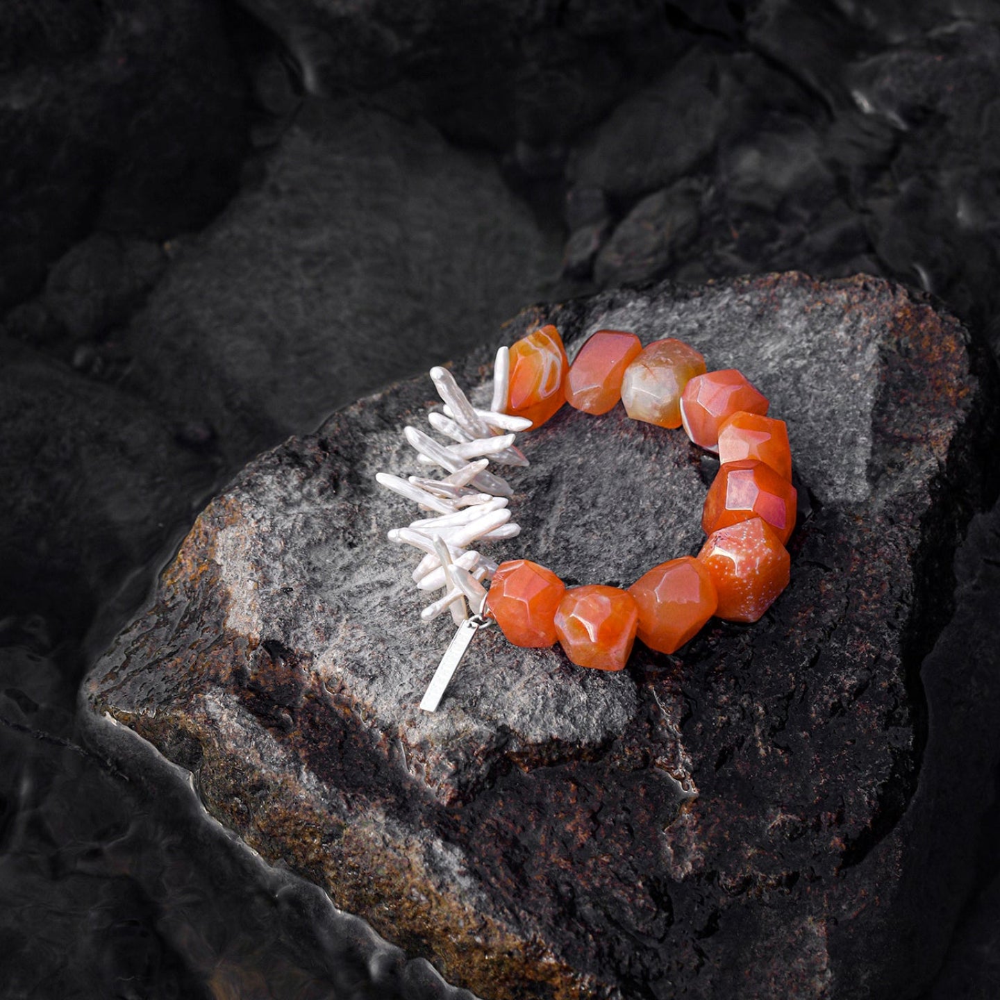 The Sunset Carnelian & Baroque Stick Pearl Bracelet