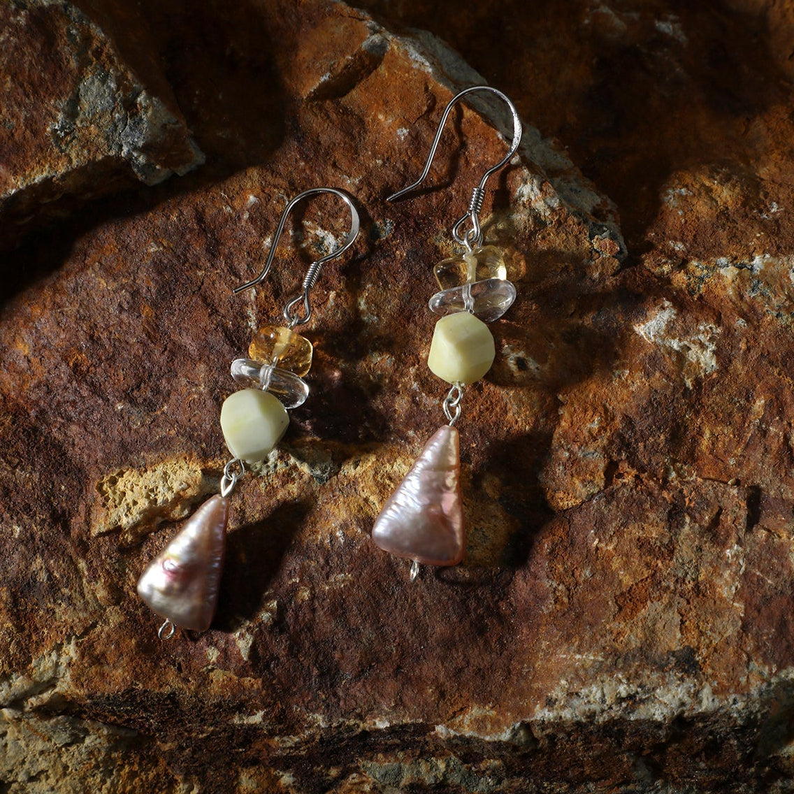 Natural Citrine, Jade, and Colorful Baroque Pearl Cascade Earrings