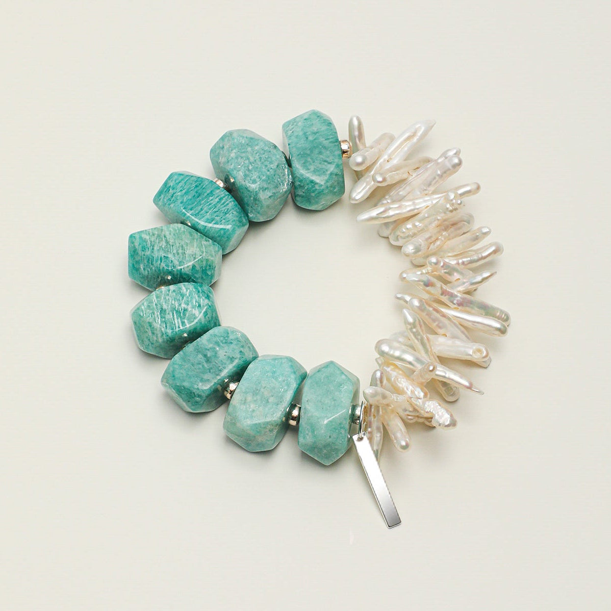 Amazonite & Baroque Pearl Bracelet with S925 Sterling Silver Tag on neutral background