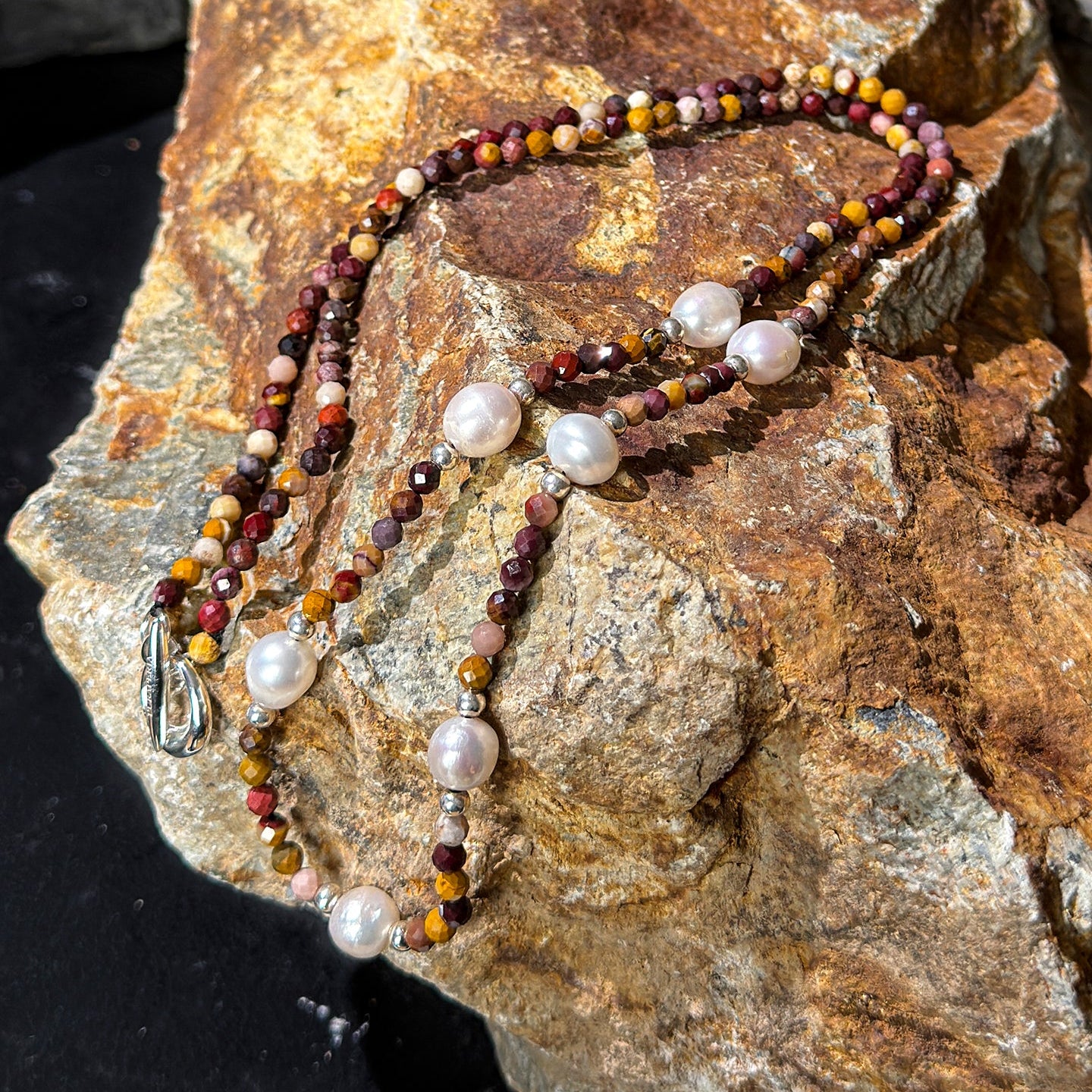 Natural Jasper and Lustrous Freshwater Pearl Long Necklace