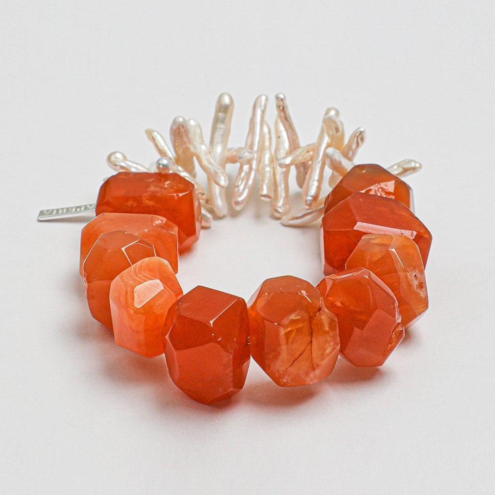 Handcrafted bohemian carnelian stones and freshwater stick pearl bracelet with silver tag
